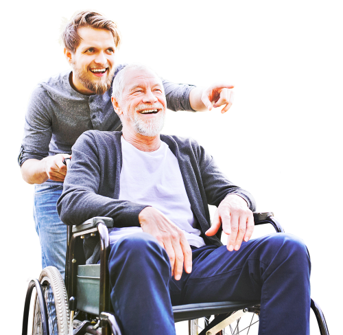 elder man on wheelchair assisted by caregiver